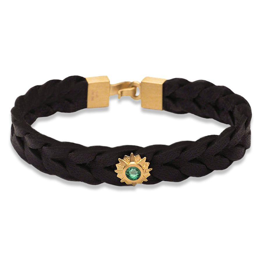 Læderarmbånd<br> LEATHER BRACELET STAR ONE (grøn smaragd) guld