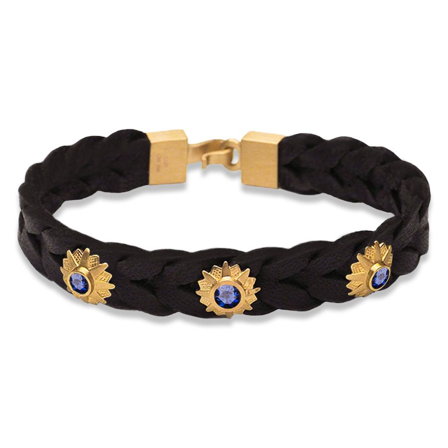 Læderarmbånd<br> LEATHER BRACELET STAR ONE x3 (blå safir) guld