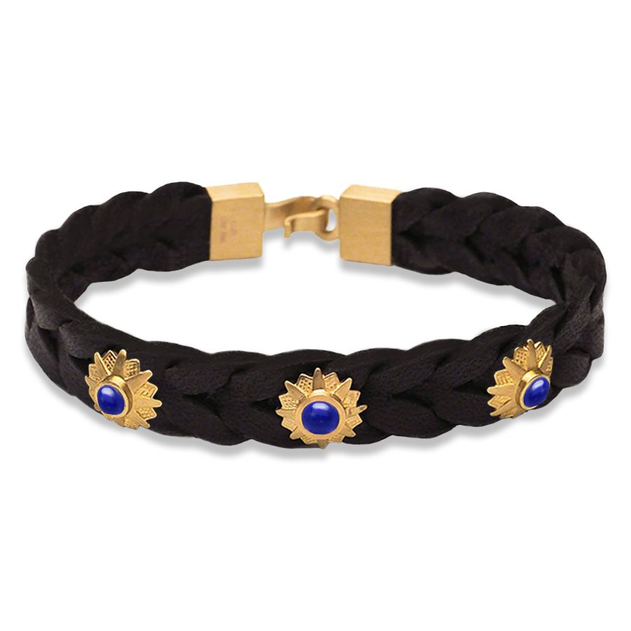 Læderarmbånd<br> LEATHER BRACELET STAR ONE x3 (lapis lazuli) guld