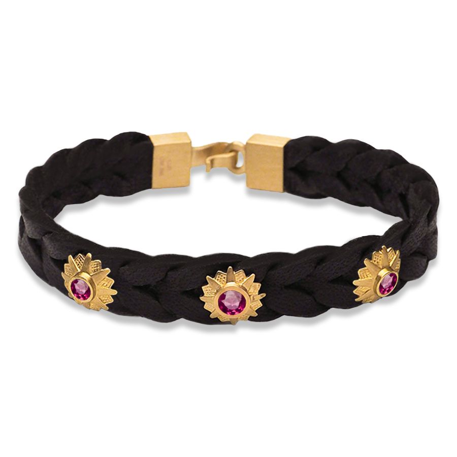 Læderarmbånd<br> LEATHER BRACELET STAR ONE x3 (rubin) guld