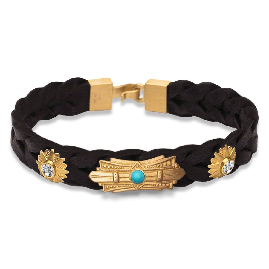 Læderarmbånd<br> LEATHER BRACELET ART DECO (turkis) STAR ONE x2 (diamant) guld