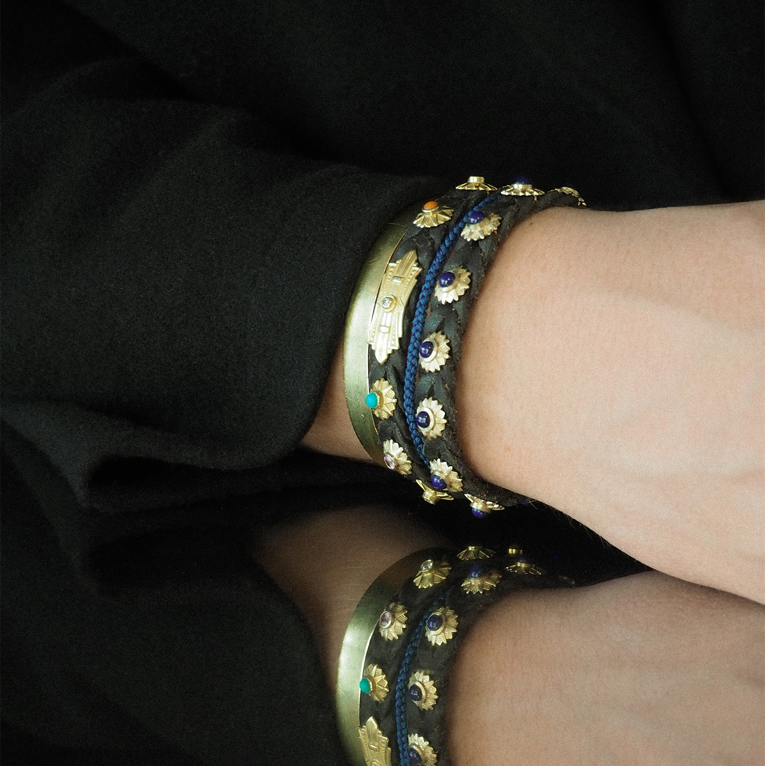 Leather bracelet<br> LEATHER BRACELET ART DECO STAR ONE x2 (malachite & lapis lazuli) gold